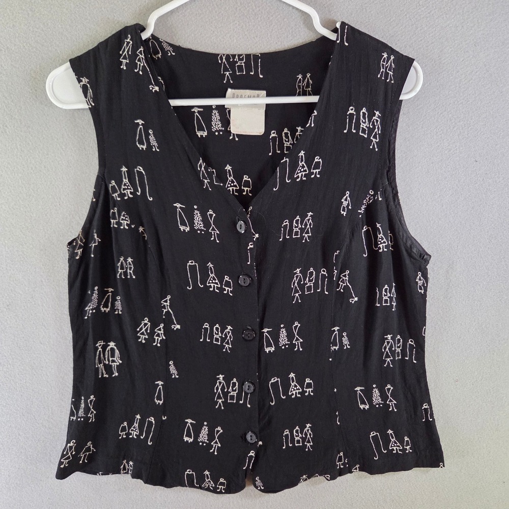 Braemar Vtg Black Rayon Stick Figure Novelty Print Vest Sleeveless Top Canada M?